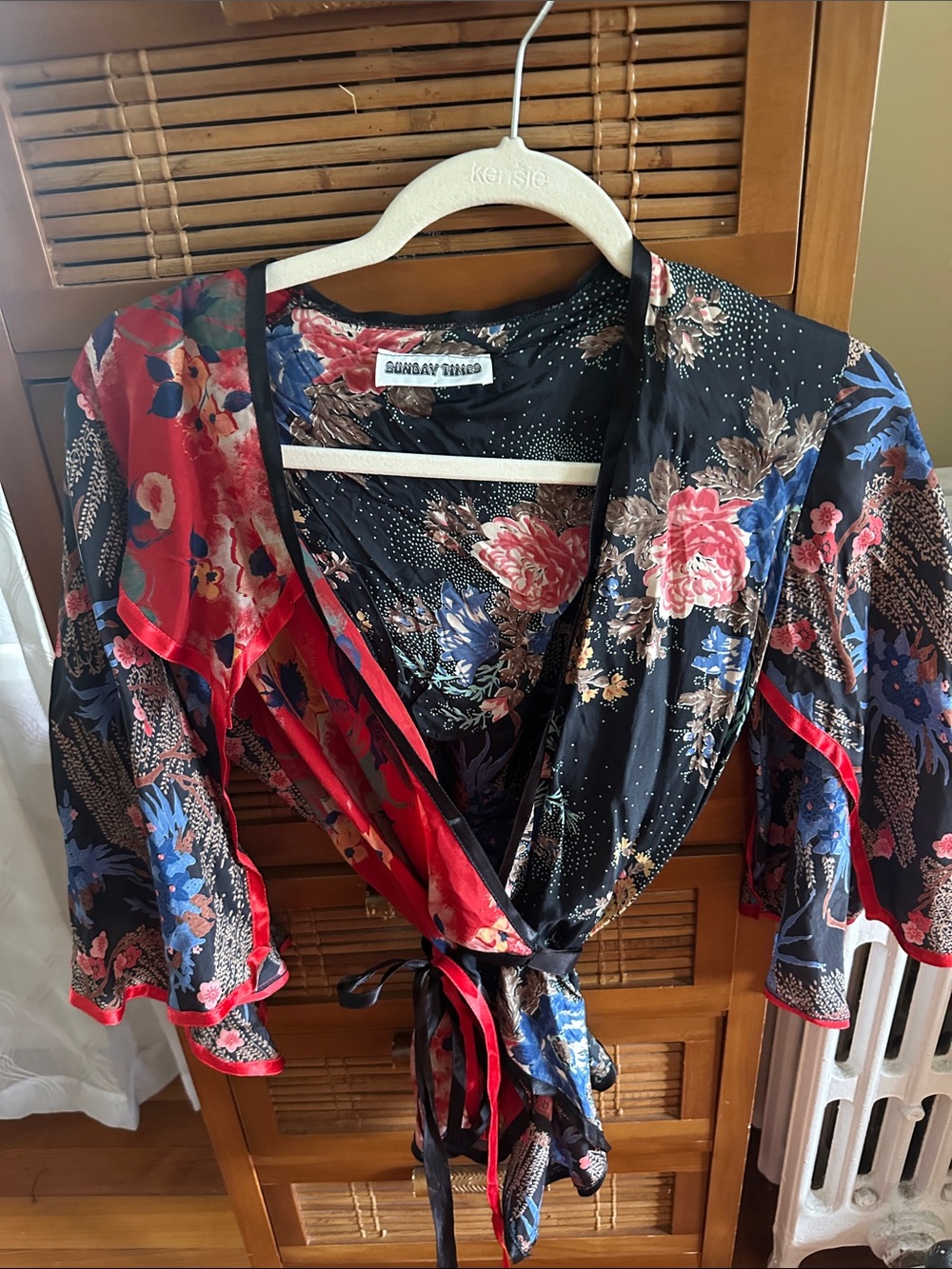 Vintage Sunday Times Floral Wrap Top - Black with Red & Blue Florals